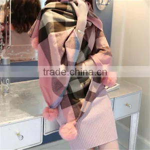 Classic Jacquard Cashmere Checked Plaid Acrylic Long Pompom Plush Ball Scarf thumbnail-4