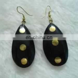 Brass Studded Wood Drop Earrings, Fashion Jewellery thumbnail-1
