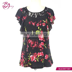 One Piece Two Color Floral Lurex Mesh Print Irregular Sleeve Casual Blouse for Middle Age Woman thumbnail-1