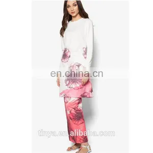 2017 Latest Fashion Chiffon Elegant Long Sleeve Flower Printed Baju Kurung Malaysia Modern thumbnail-2