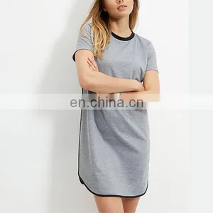 Latest Grey Contrast Trim T-Shirt Dress Short Sleeve Fashion Women Long T-shirt thumbnail-1