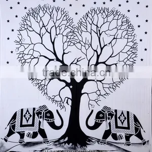 Indian Tapestry Cotton Bedding Bedsheet White Love Elephants Print Wall Hanging Tapestries Throw Mandala Print thumbnail-2