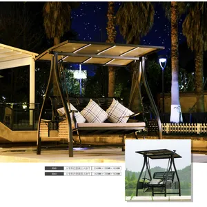 Solar LED Light Metal Outdoor Swing Chair With Sun Canopy, 2/3 Person Patio Glider Swing With Cup Holders & Storage Pocket for Garden, Villa Courtyard thumbnail-2