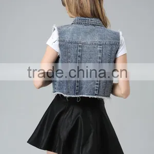 Garment Factory High Quality New Fashion Women Collared Denim Camo Vest thumbnail-6