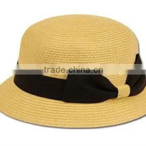 Womens 100% Paper Straw Ribbon Bow Accent Cloche Bucket Bell Summer Hat thumbnail-1