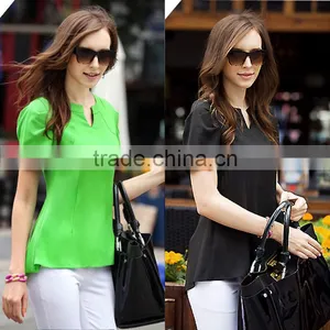 Women's Scarf Collar V Neck Short Sleeve Slim Casual Blouse thumbnail-2