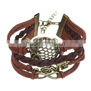 Velvet Braiding Coffee W/Antique Bronze Infinity Symbol & Owl & "Love" Findings Halloween Ornaments 19cm Long Bracelets thumbnail-1