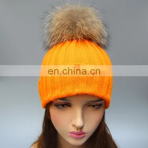 2016 Girls Winter Knitted Fur Bobble Hat With Big Genuine Raccoon Fur Bobble thumbnail-2
