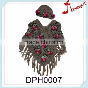 Wholesale Hot Sale Lovely T Fashion Flower Embroidery Kids Knitted Poncho Sweater With Tassele and Hats thumbnail-1