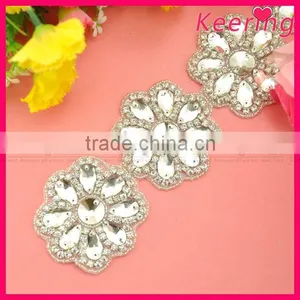 Hot Sale Bridal Flower Rhinestone Appliques for Belt WRA-674 thumbnail-1