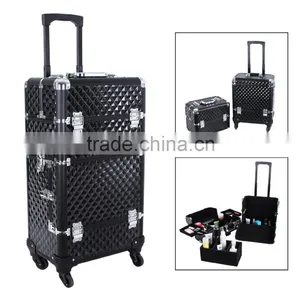 Aluminum Rolling Makeup Case 2 in 1 Cosmetic Artist Train Case Beauty Salon Organizer 4 Wheels Lift Handle thumbnail-1