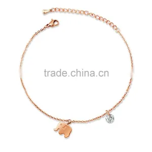 Womens Stainless Steel Cute Elephant Cable Chain Anklet With Rhinestone Bead thumbnail-1