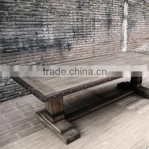 Antique French Country Distress Steel Edge Teak Dining Table thumbnail-1
