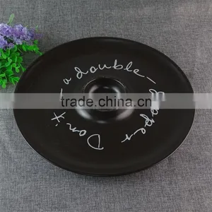 Round Black-glazed Ceramic Chip and Dip Plate, Ceramic Chip & Dip Set Divided Fruit Plate thumbnail-1