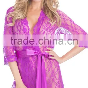 Long Sleeve Sexy Mesh Floral Lace Robe Fashion Bathrobe With Scalloped Trim thumbnail-2