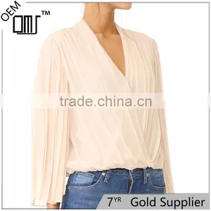 2017 OEM Long Bell Sleeves Surplice Neckline Deep Pleated Blouse thumbnail-1