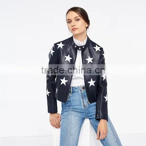 Fashion Contrasting Coloured Stars Cropped Leather Jackets for Women thumbnail-4