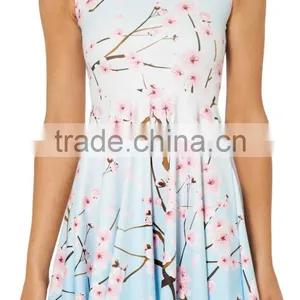 Printed Floral Galaxy Plum Tree Pleated Dress Wholesale thumbnail-2