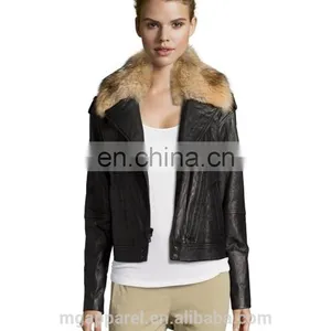 Black Leather Fur Collar Asymmetrical Zip Motorcycle Jacket Woman Coat thumbnail-3