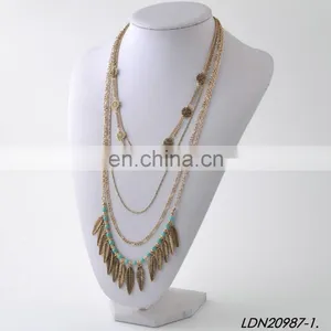 Bohemian Layered Turquoise and Leaves Pendant Necklace Fashion Gold Necklce and Silver Necklaces thumbnail-2