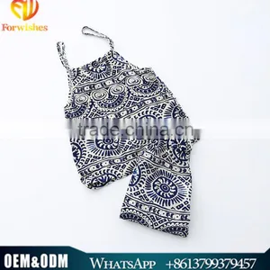 Summer Children Girl Clothes Set China Blue And White Strapless 2pcs Clothing Sets thumbnail-1