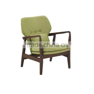 Mid-century Walnut Finished Modern Green Fabric Upholstered Club Chair With Sleek Polished Wood Arms thumbnail-1
