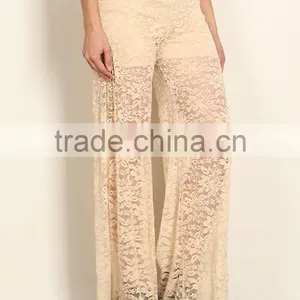 Ladies Trousers FLORAL PATTERN LACE High Waist Yoga PALAZZO PANTS thumbnail-2