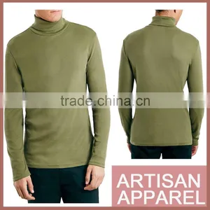 Khaki Ribbed Roll Neck Men T-Shirt Wholesale Customized Logo Organic Cotton Gym Muscle Long Sleeves T Shirts thumbnail-1