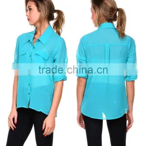 Latest Women Long Sleeve Loose Chiffon Casual Tops Button Down Shirt Ladies Blouse thumbnail-5
