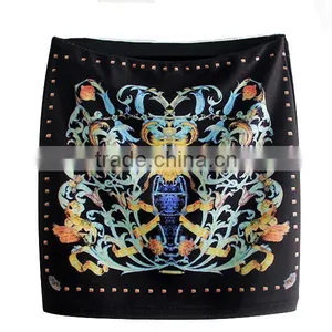 Hot Selling Ladies High Quality Pencil Polyester Printed Shiny Mini Skirt thumbnail-2