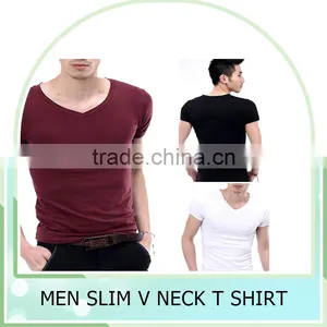 Bulk Wholesale Men's V-Neck Short Sleeve T-Shirt Slim Basic Tee Top Plain T Shirts For Printing thumbnail-1