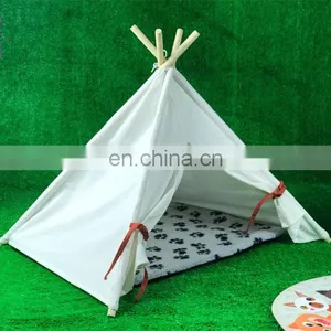 Pet Teepee Tent for Dogs Cats Portable Foldable Cotton Canvas Pets House Bed for Rabbit Puppy 4 Poles Pine Wooden With Floor Whi thumbnail-6