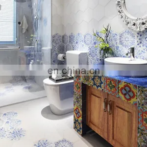 Kitchen and Bathroom Blue and White Porcelain All Hexagonal Brick Kitchen Bathroom Retro Floret Brick thumbnail-5