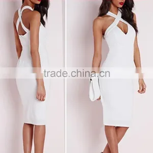 Halter Neck Cross Over Detail Fashion Dress Sexy Bodycon Dress Lady Party Dress thumbnail-1