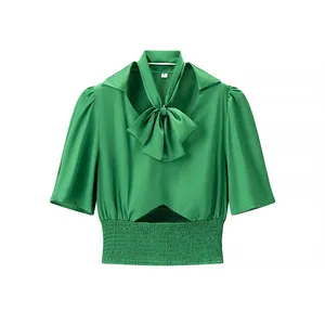 2025 Pleated Elastic Waist Shorts Women's French Fashion Satin Blouse Solid Color Tunic Top V-neck thumbnail-1