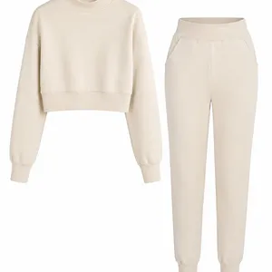 100% Polyester Mock Neck Cropped Top & Jogger Pants Two‑Piece Casual Tracksuit thumbnail-3