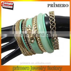 Handmade Gold Plated Multilayer Beads Chain Mix Bracelets Hard Plastic Bangles thumbnail-1