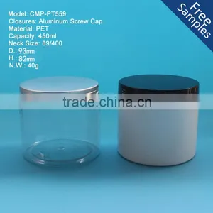 Round 450ml Plastic PET Jar With Metal Cap, 450g 15oz Clear PET Plastic Jar With Aluminum Cap thumbnail-1