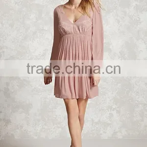 Woman Long Vented Sleeve Scoop Neck Self-Tie Back Stripe Chiffon Emroidered On the Front Dress thumbnail-5
