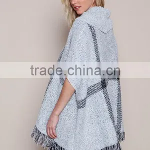 MGOO New Fashion Plaid Pullover Tops Grey Knit Mohair Fringe Poncho Women Winter Popular Clothes thumbnail-5