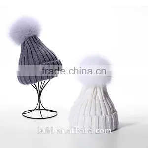 2016 Winter Beanie Real Silver Fox Fur Ball Knitting Hat For Women Black Real Raccoon Fur Ball Skullies thumbnail-6