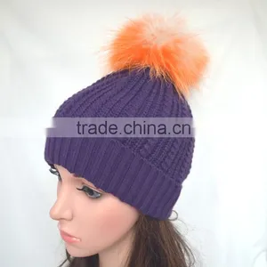 Myfur Popular New Cable Woolen Knitted Hat With Raccoon Pom Pom Top thumbnail-1
