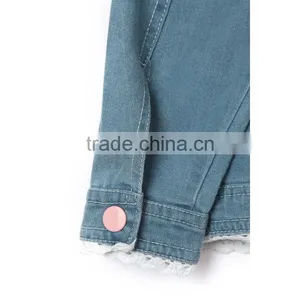 2016 New Style Loveable Pink Flower Stitched Design Lace Hem Kids Denim Jacket With Hood thumbnail-3