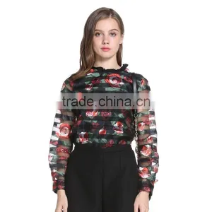 New Female Perspective Stripe Flower Print Loose Long-sleeved Shirt thumbnail-1