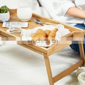 Custom Modern Handmade Wooden Tray For Bed Floating Bamboo Breakfast Food Serving Tray With Folding Legs thumbnail-4