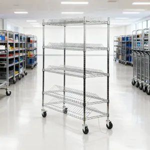 ESD Flat Storage Racks Chrome-Plated Mesh Shelving Cart Four-Wheel ESD Push Cart OEM Reel Storage Trolley 1200*600*1800mm thumbnail-2