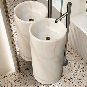 Factory Production Luxury Marble Colored Sink Round Shape Modern Stand Single Bathroom Pedestal Basin Pedestal Sink Polished thumbnail-2
