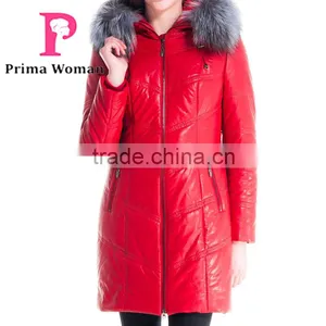 New 2016 Women Winter Leather Jacket Medium Length Slim Fit Coat With Brown Fox Fur Hat Overcoat thumbnail-5