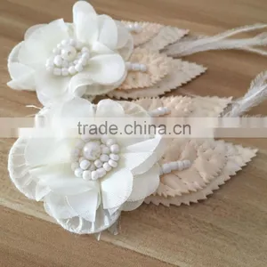 Handmade Fabric Flower Applique With Feather,Flower Patches For Cloth thumbnail-1