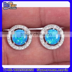 Rhodium Finish .925 Sterling Silver Synethic Blue Fire Opal Stud Earrings Wholesale thumbnail-1
